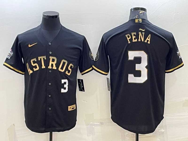 Mens Houston Astros #3 Jeremy Pena Number Black Gold 2022 World Series Stitched Baseball Jersey